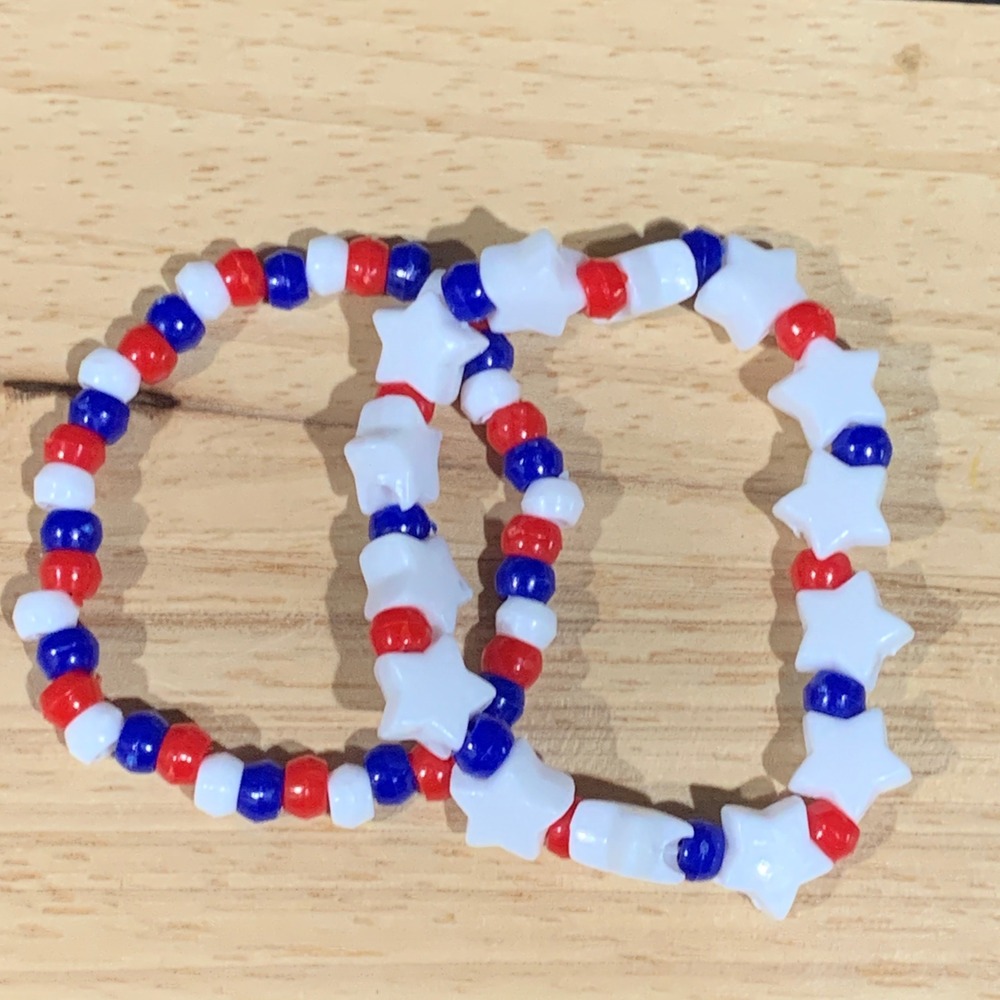 Handmade Beaded Bracelet Set Women OS Red White Blue New Patriotic Star Kandi